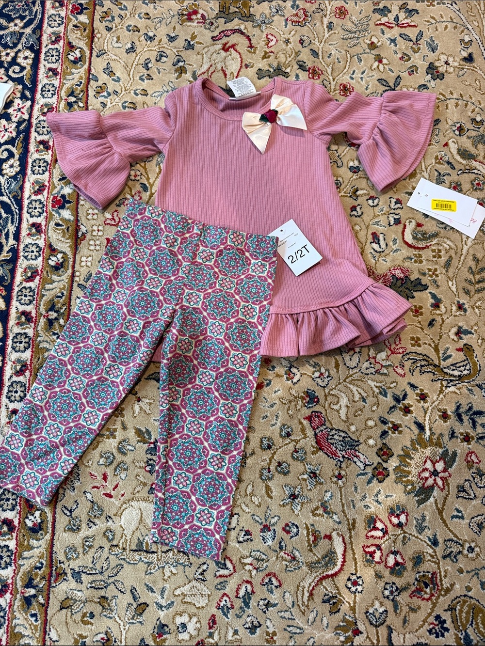 Bonnie Jean Pink Ribbed Ruffle Tunic & Patterned Leggings Set